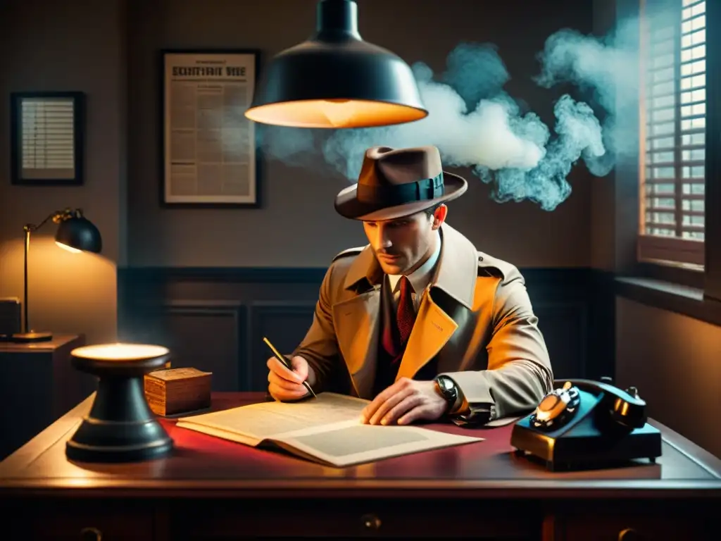 Detective en oficina misteriosa resolviendo caso intrigante Un detective solitario en una oficina tenue, estudiando pistas en un tablero con notas crípticas