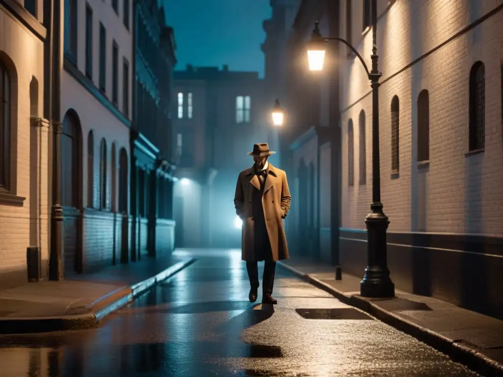 Un detective solitario en un oscuro callejón nocturno, bajo una farola parpadeante, en blanco y negro, con determinación y misterio en el aire