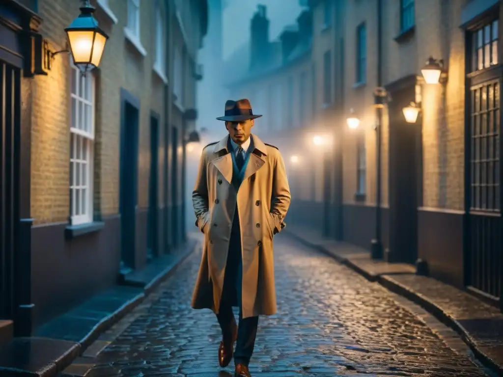 Misterioso detective en callejón londinense Un detective solitario en un oscuro callejón de Londres, iluminado por una farola titilante