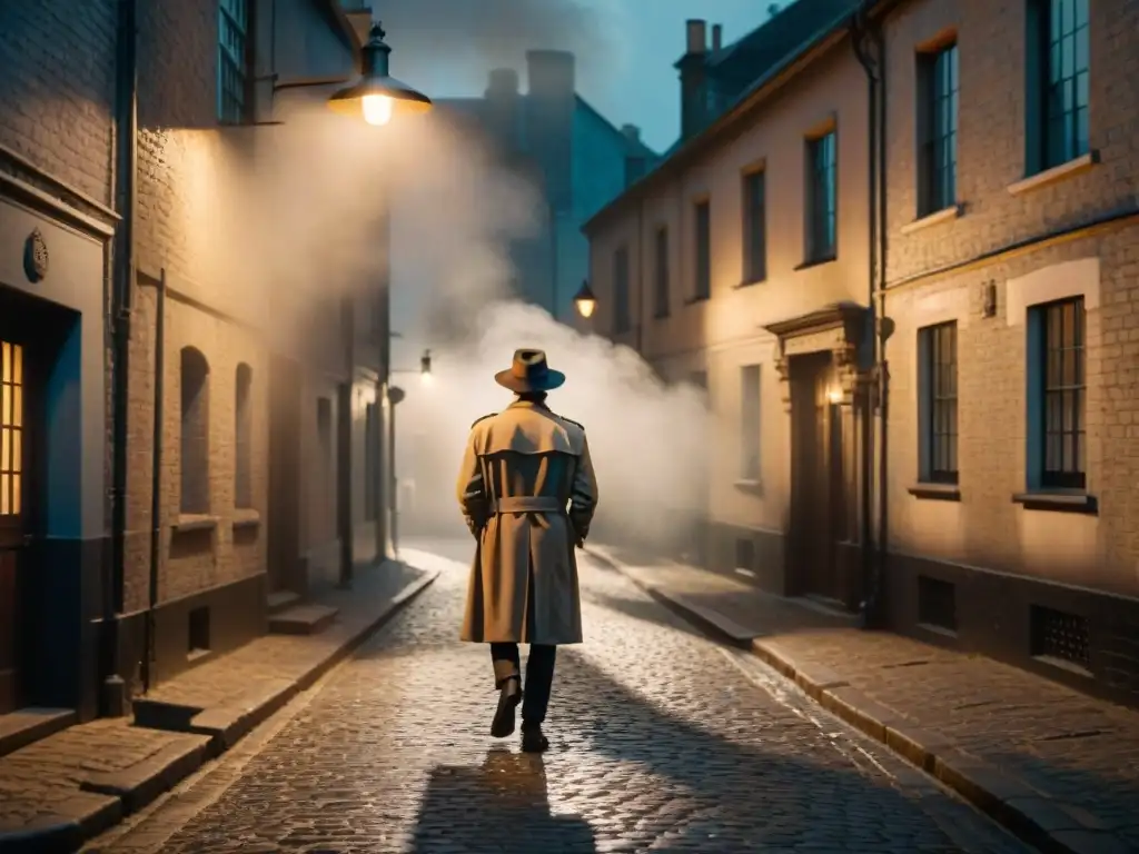 Un detective solitario en la penumbra de un callejón, bajo la luz de una farola titilante, en 'Lecciones de detectives en Elementary'