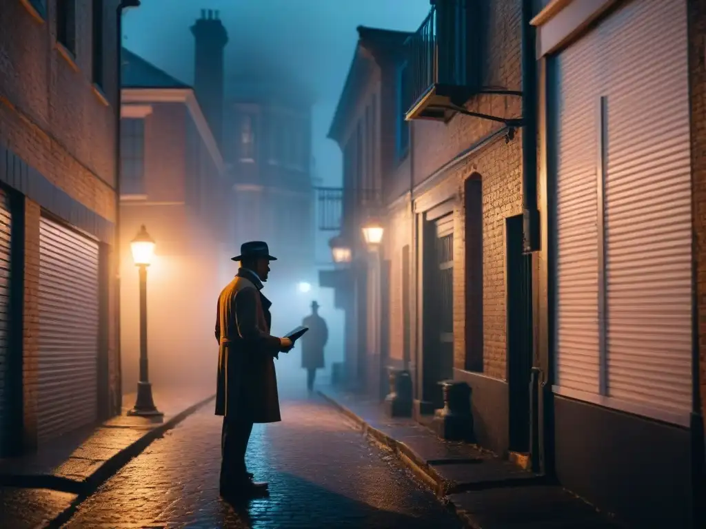 Noche de misterio: detective en callejón oscuro Un detective solitario examina una pista en un callejón oscuro y brumoso por la noche, bajo la luz intermitente de una farola