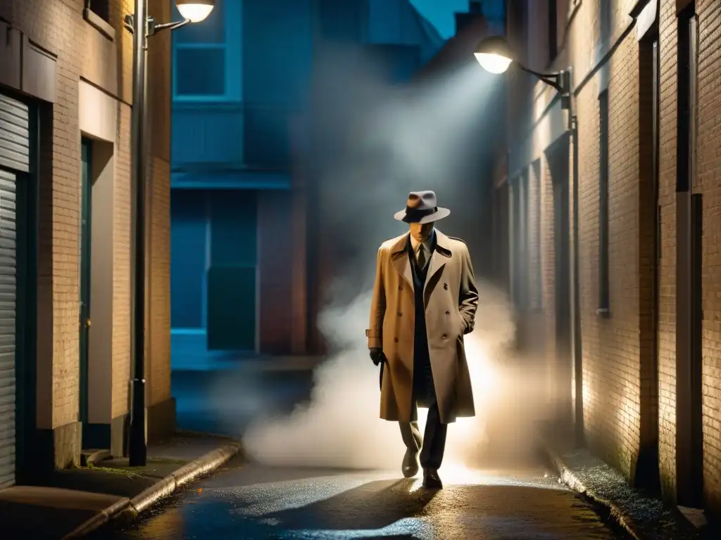 Detective en la noche: misterio y suspense en callejón oscuro Detective solitario examinando pista en callejón oscuro, influencia de CSI y criminología moderna