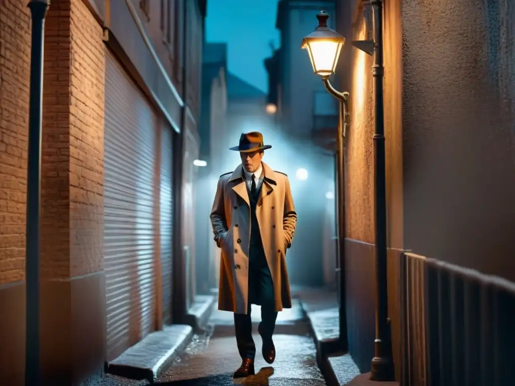 Un detective solitario examina una pista bajo la luz de la farola en un callejón oscuro, capturando la esencia de Detectives en cine y televisión