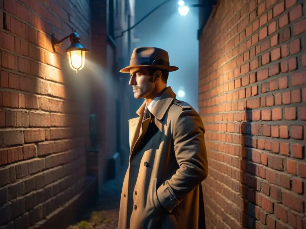 Un detective solitario examina pistas en un callejón oscuro de noche, con un ambiente noir y un coche vintage iluminando la escena