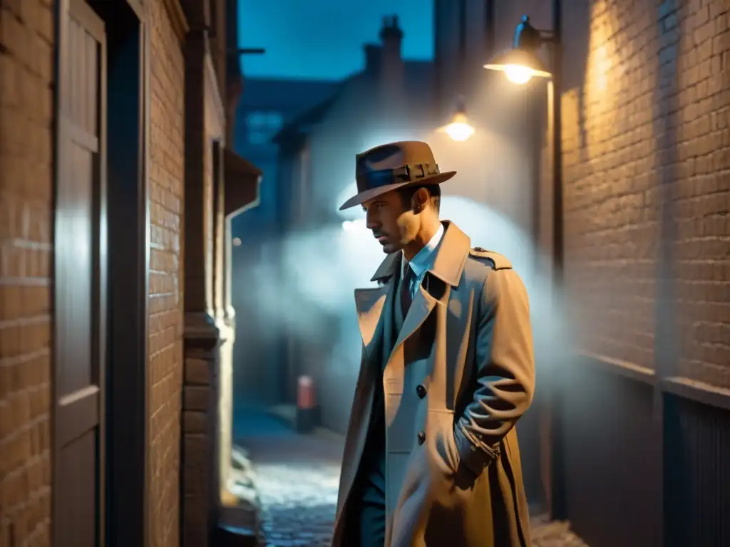 Un detective solitario examina pistas en un callejón oscuro y misterioso, iluminado por una luz tenue, creando una atmósfera de intriga y misterio