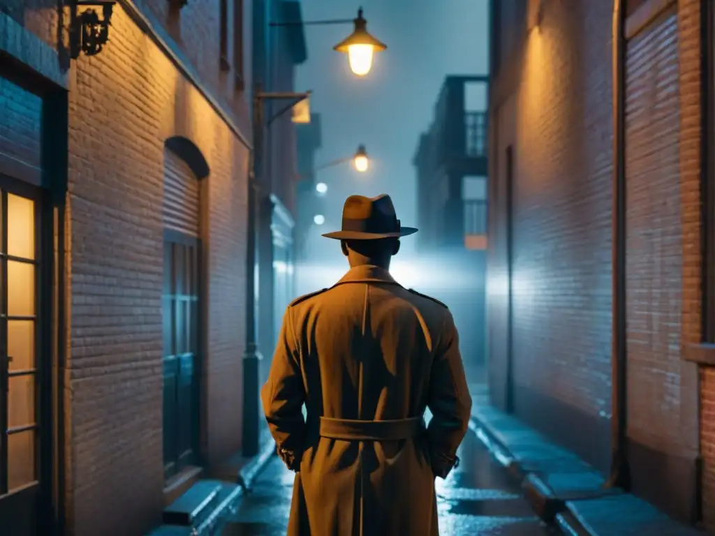 Un detective en la sombra de una callejuela nocturna, iluminado por una lámpara vintage