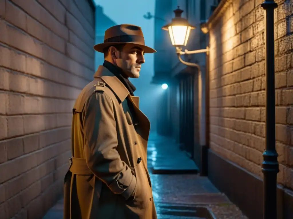 Un detective en la sombra de la noche bajo la luz de la calle, reflejando la psicología de los personajes secundarios en el cine noir