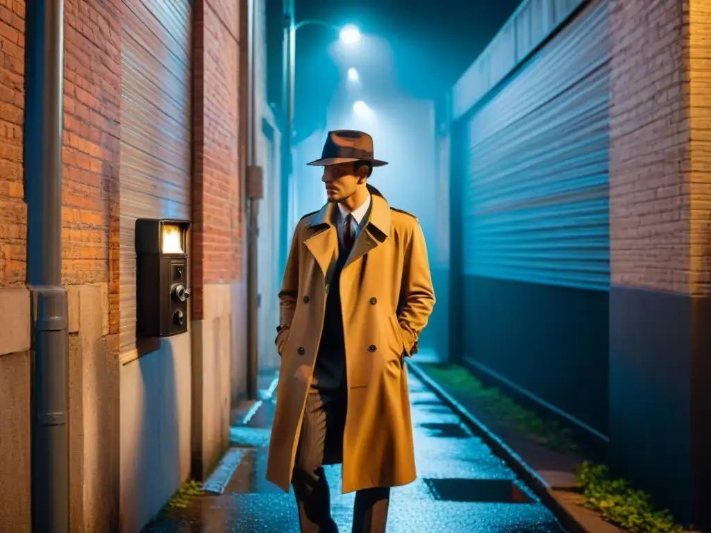 Detective en la sombra capturando secretos en un callejón nocturno