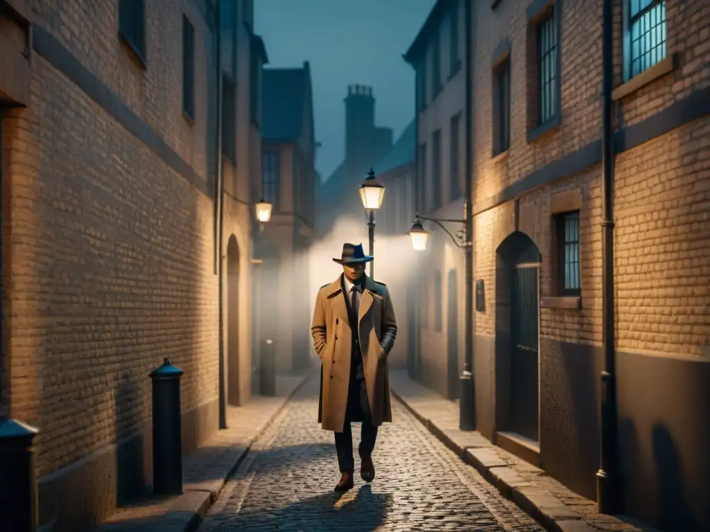 Un detective en la sombra con sombrero y gabardina captura en una cámara vintage una escena misteriosa en un callejón oscuro