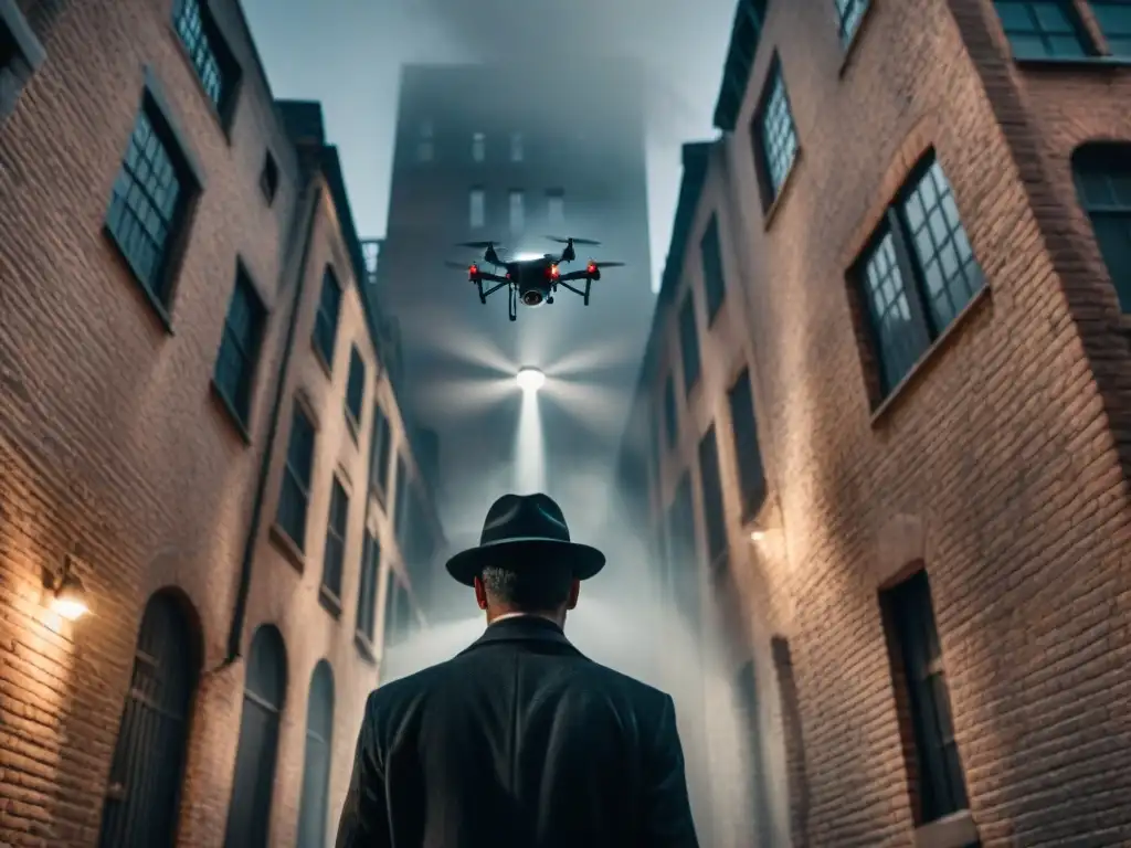 Un detective en sombras observa un dron en un callejón misterioso