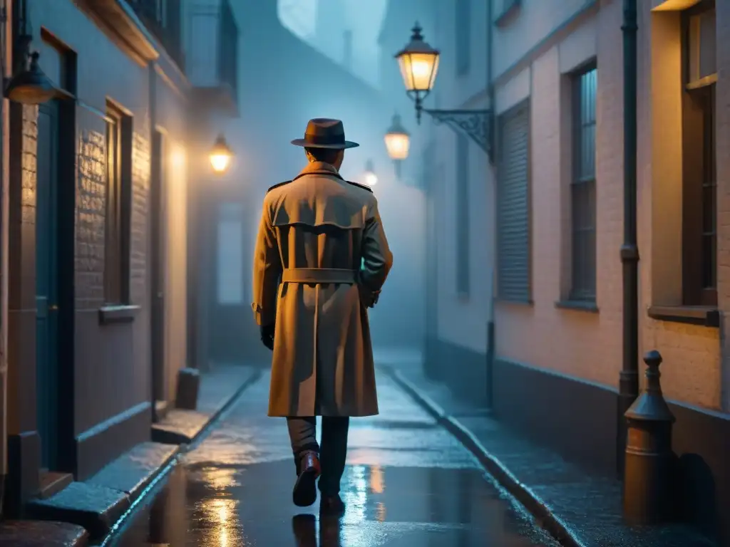 Un detective con gabardina y sombrero en un callejón nocturno, iluminado por una lámpara