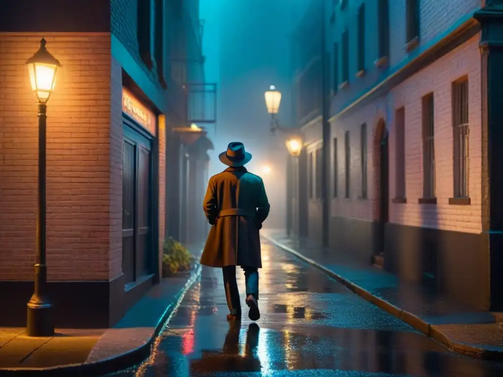 Un detective de película noir con sombrero y lupa en un callejón oscuro, evocando la temática de 'Inteligencia Artificial en detectives cine'