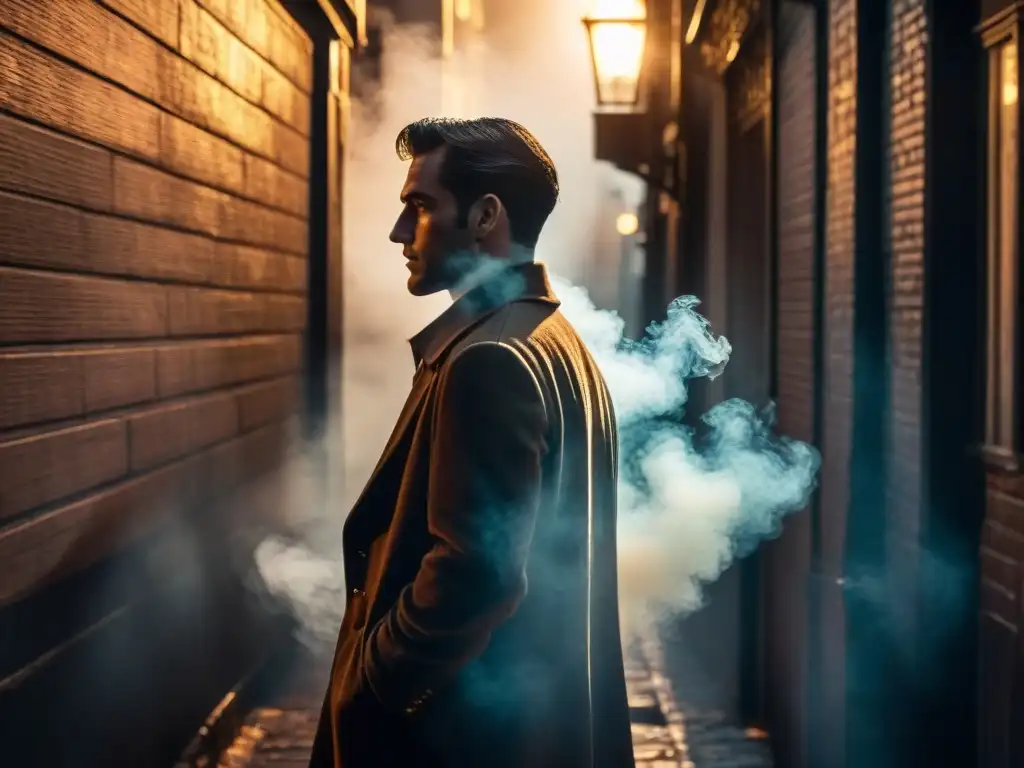 Un detective con sombrero y cigarrillo en un callejón oscuro iluminado por farola, creando estética visual cine noir detectives