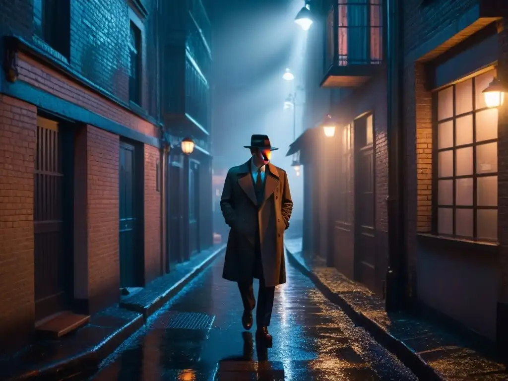 Un detective con sombrero y cigarrillo en un callejón oscuro, iluminado por un letrero de neón
