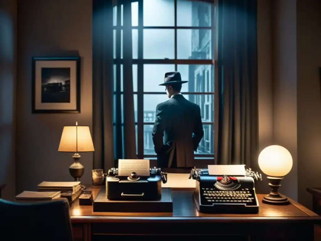 Un detective con sombrero de fedora observa la lluvia desde una habitación llena de misterio y notas, en un ambiente noir