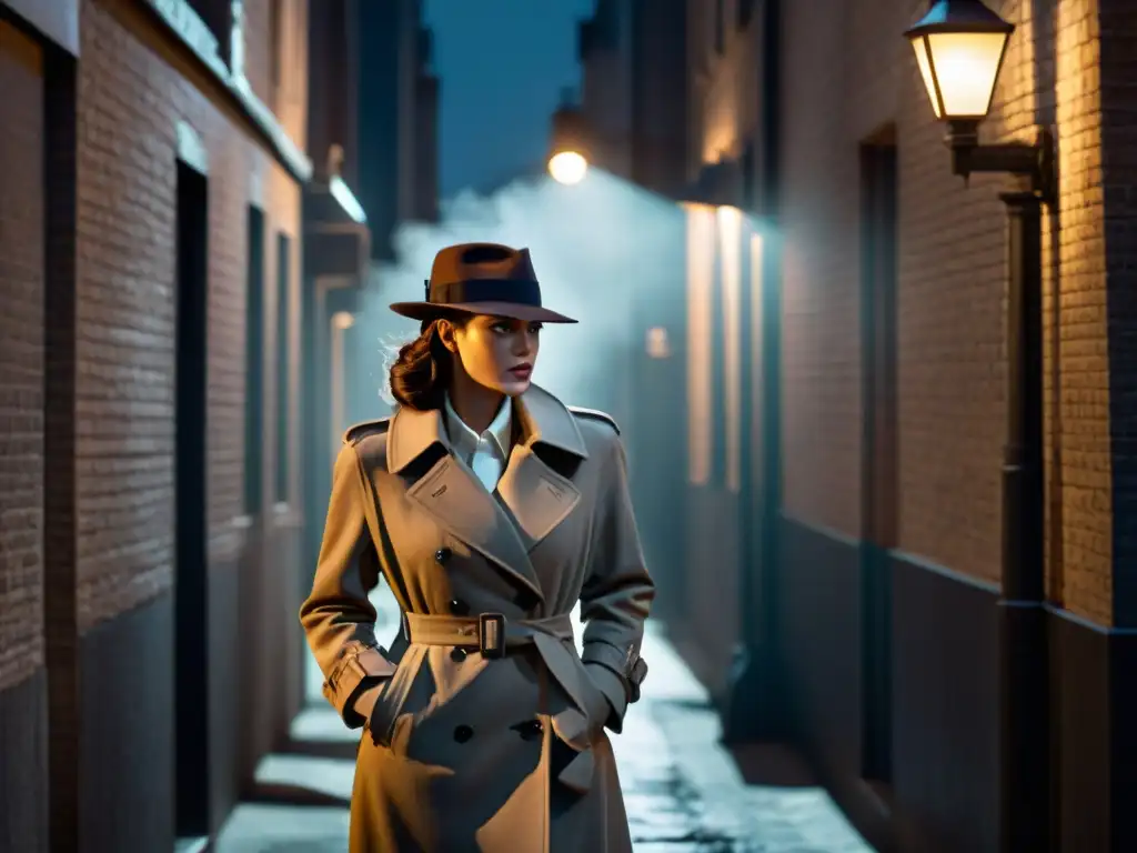 Un detective con sombrero y una femme fatale bajo una farola en un callejón oscuro, en blanco y negro