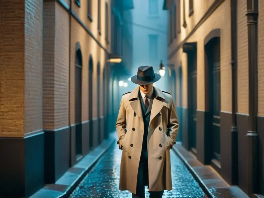 Un detective con gabardina y sombrero bajo la luz de la farola en un callejón oscuro en blanco y negro, evocando el estilo icónico de Film Noir