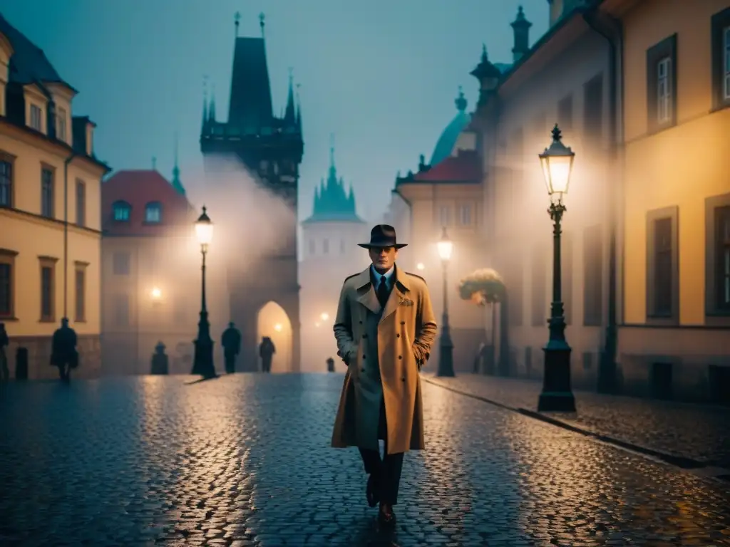 Un detective con sombrero y gabardina camina en la neblinosa noche de Praga, iluminado por farolas en la Vltava