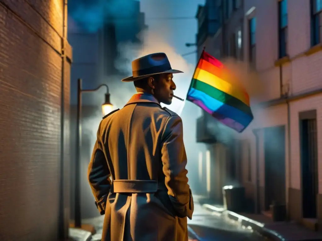 Detective LGBTQ+ en la sombría callejuela nocturna, bajo la luz de un farolillo