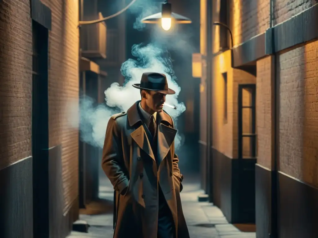 Un detective sombrío fuma en un callejón de estilo Film Noir, evocando el misterio clásico de las películas Noir