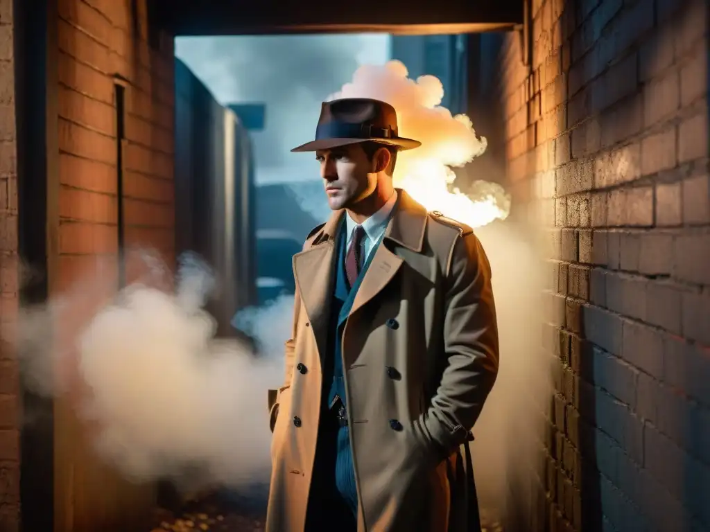 Detective sombrío en callejón, humo de cigarrillo en fedora, mirando figura misteriosa