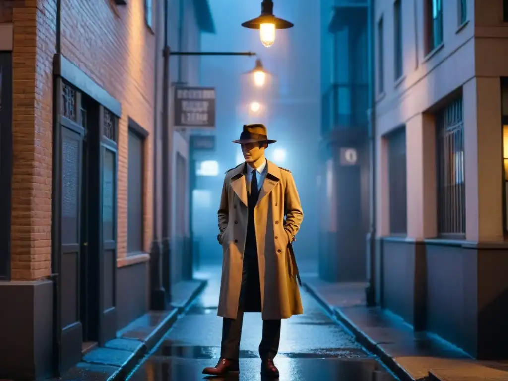 Un detective sombrío en un callejón neblinoso, evoca el género detectivesco en 'Expediente X'