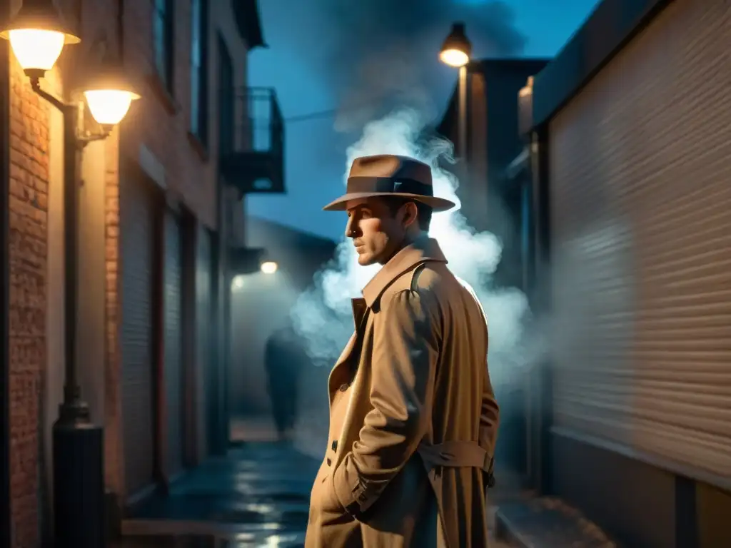 Detective en sombrío callejón de noche, bajo luz titilante, rodeado de humo