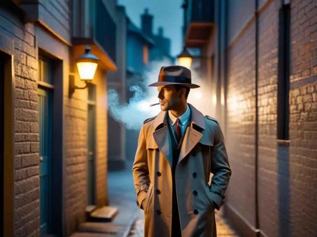 Detective en sombrío callejón de pueblo con aire de cine negro