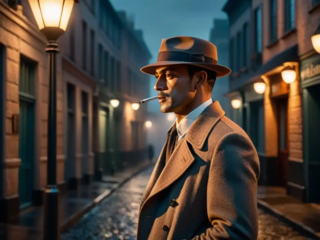 Detective sombrío bajo farola en la lluvia, evocando estética de cine noir