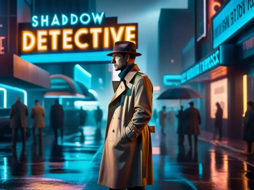 Un detective sombrío bajo un letrero de neón en una ciudad futurista, reflejando la esencia de series de ciencia ficción detectivesca análisis