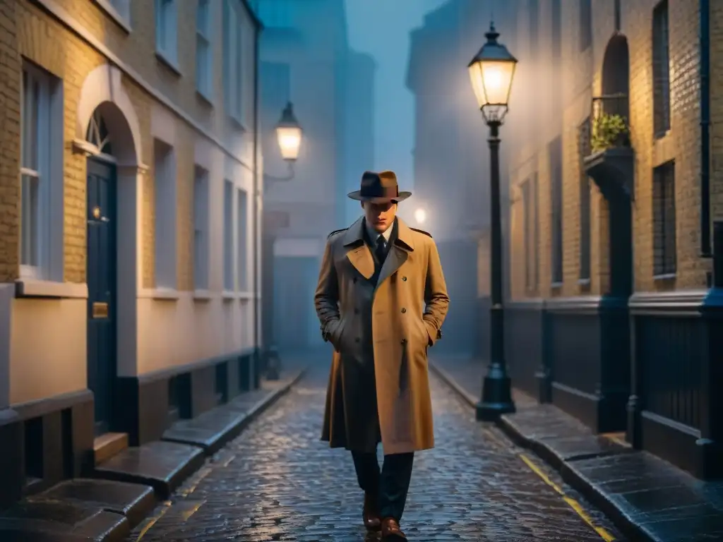 Detective en Londres, callejón sombrío con niebla densa