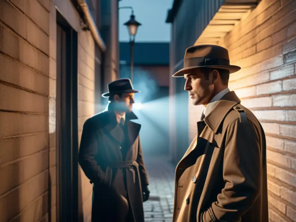 Ambiente noir: detective interrogando a sospechoso en callejón sombrío