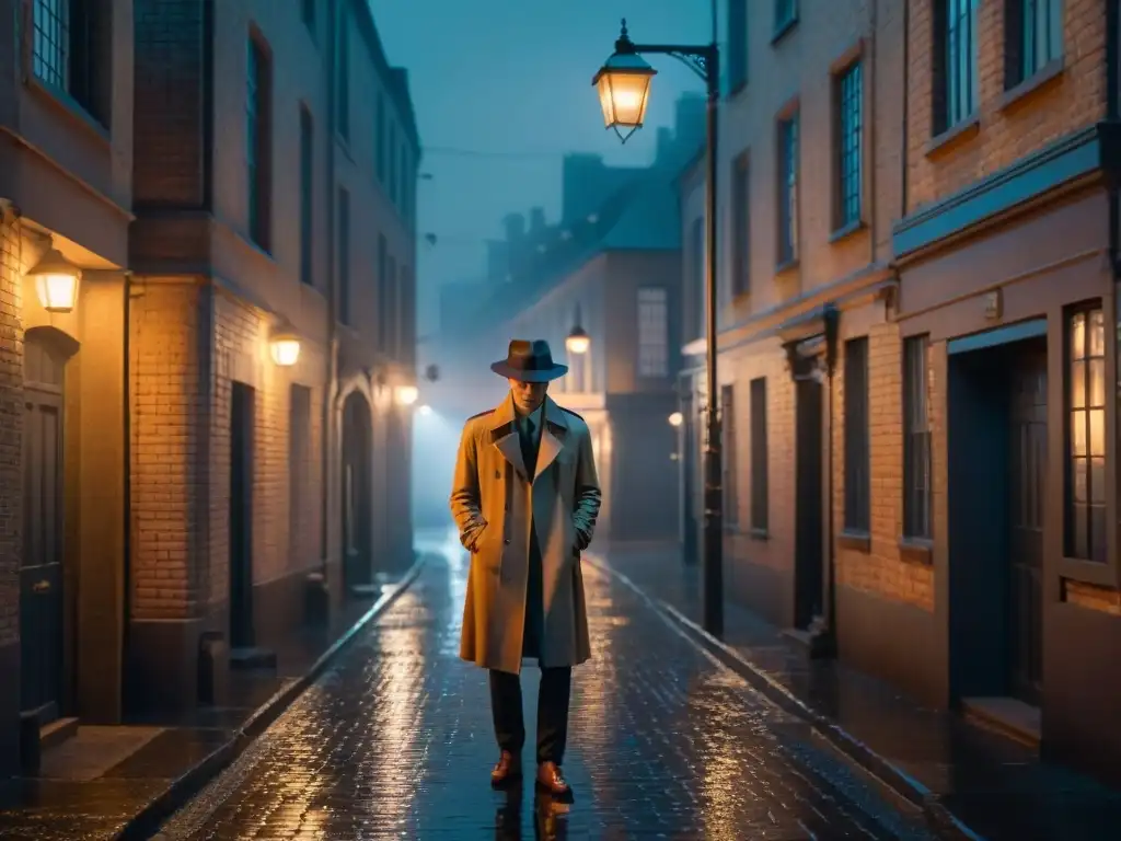 Figura solitaria en callejón oscuro: misterio y suspense nocturno Detective en streaming bajo la luz de la farola, en un callejón oscuro y lluvioso