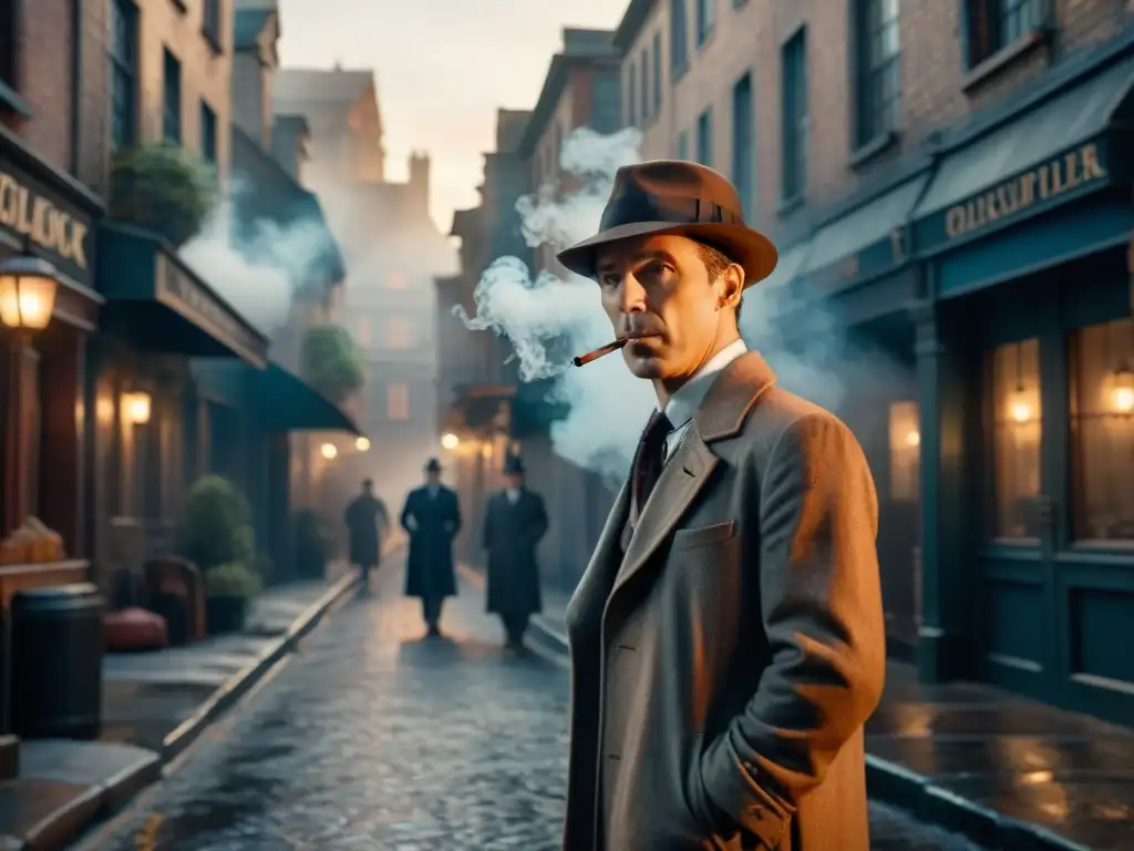 Sherlock Holmes, el detective suave y sofisticado, en un callejón oscuro con sombrero y pipa, evocando el cine noir