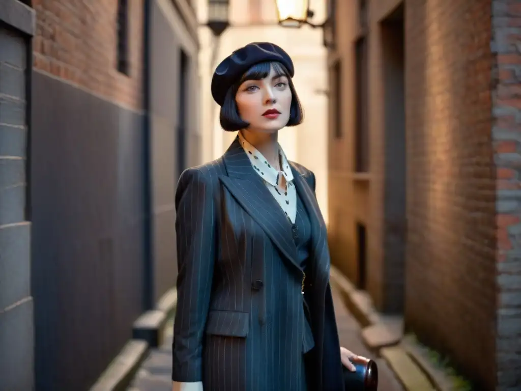 La detective Miss Fisher de la temporada 2, con traje de los años 20 y lupa, en un callejón oscuro