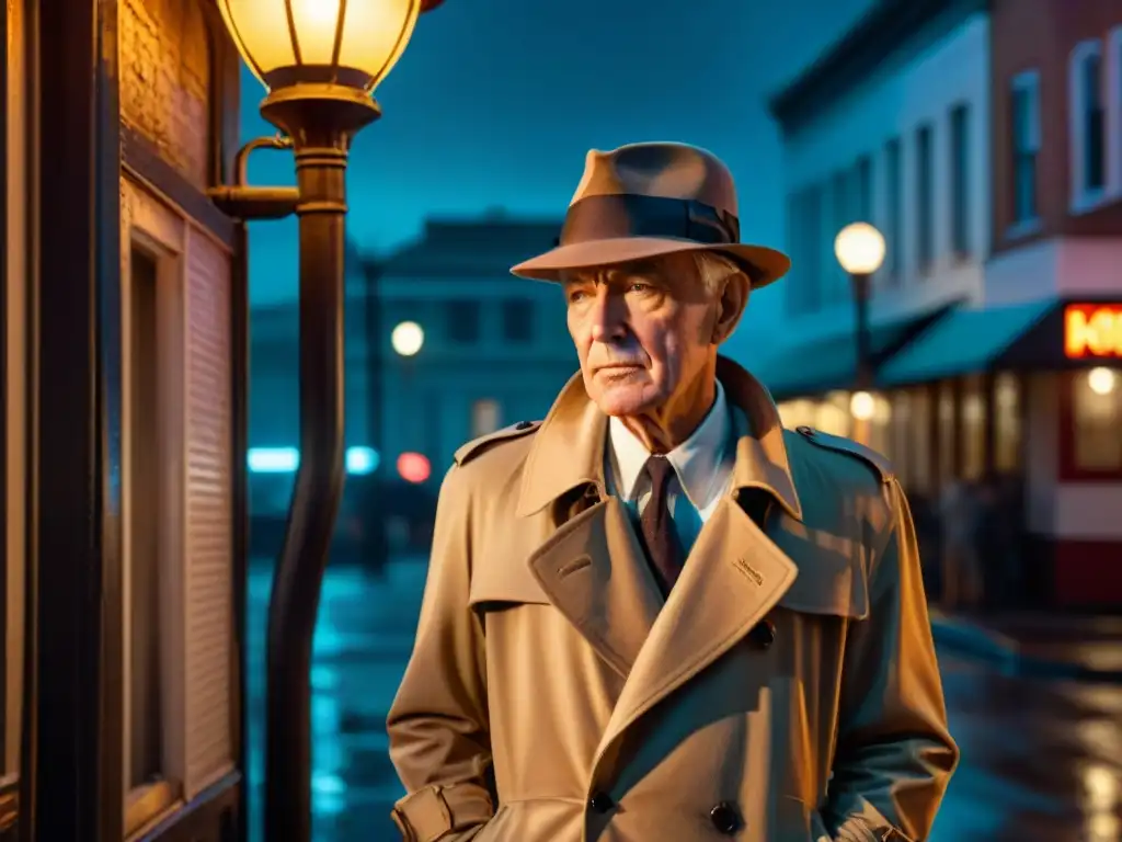 Un detective de tercera edad, con gabardina y sombrero, bajo una farola en la lluvia nocturna