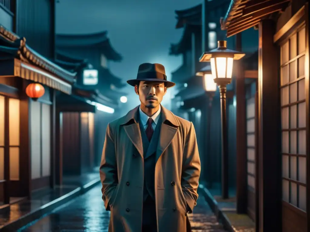 Un detective tradicional japonés en cine, bajo una farola en la lluvia, con sombras dramáticas