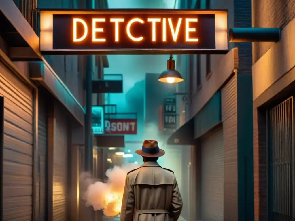 Un detective único en un oscuro callejón, bajo un letrero de 'Agencia de Detectives', reflejando neurodiversidad en detectives únicos