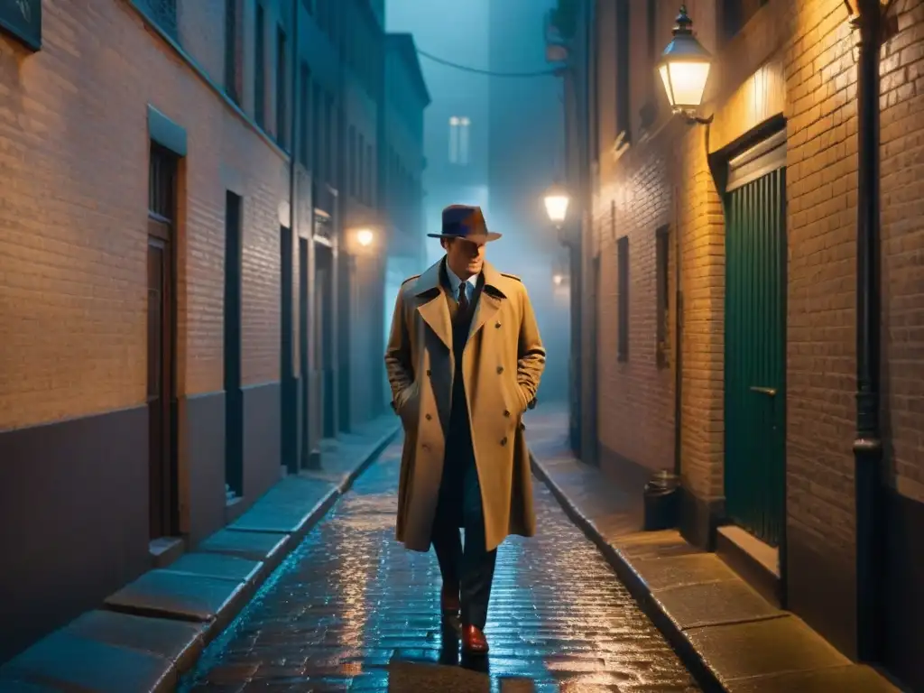 Un detective vintage en un callejón nocturno, iluminado por la luz de la luna, busca pistas