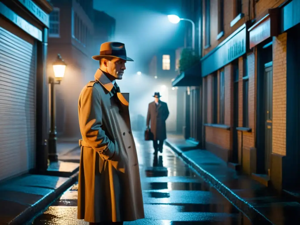 Detective vintage en callejón misterioso - Cine negro y misterio Un detective vintage examina una pista en un callejón oscuro, iluminado por la luz de un farol, con un coche clásico de los años 40 al fondo