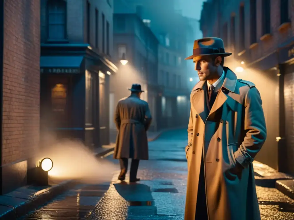 Detective vintage examinando pista en callejón nocturno Un detective vintage examina pistas en un callejón nocturno, iluminado por una lámpara