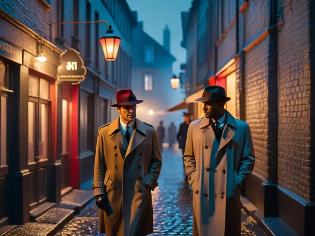 Dos detectives en abrigo y fedora investigan un callejón europeo iluminado por una lámpara, en un claro contraste entre luces y sombras