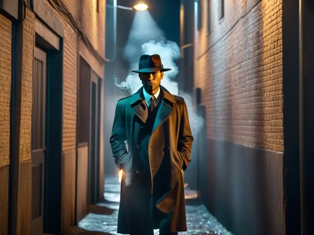 Evolución del género detectives en el audiovisual: misterioso personaje en callejón sombrío, con sombrero y pistola humeante