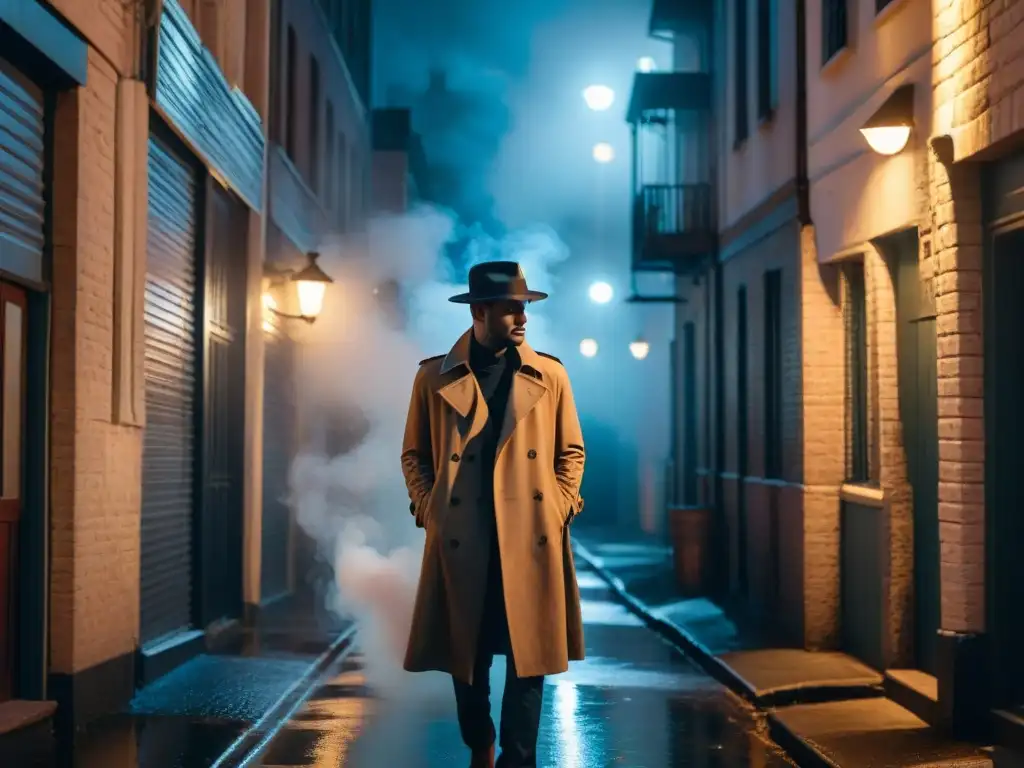 Detectives biculturales en cine: callejón nocturno, sombras misteriosas, figura con sombrero y gabardina bajo farola titilante, humo de cigarro