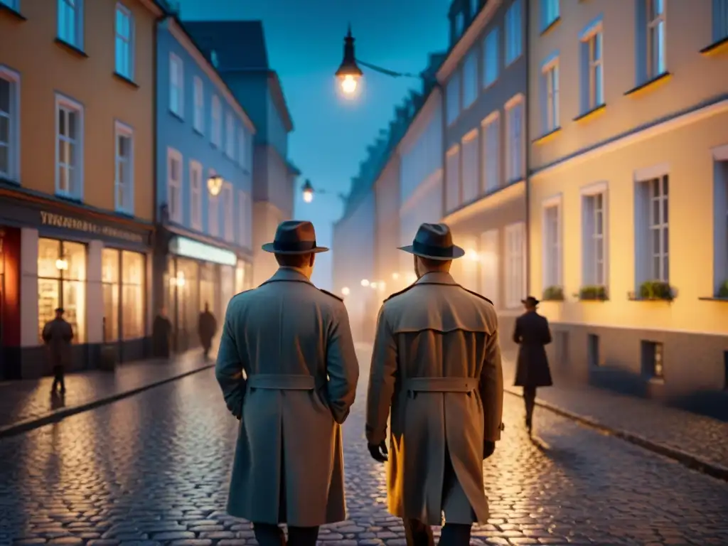 Detectives en una calle escandinava iluminada por el sol de medianoche, entre sombras y misterio