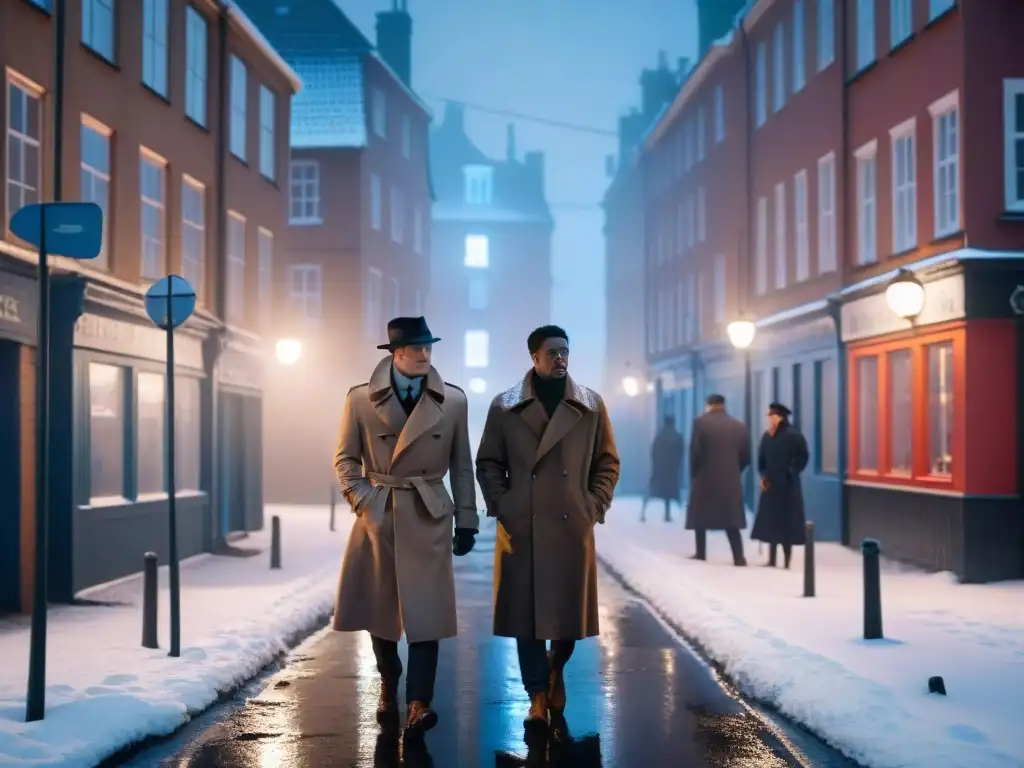 Dos detectives en un callejón escandinavo nevado, bajo la luz de un farol, reflejando elementos únicos del misterio escandinavo