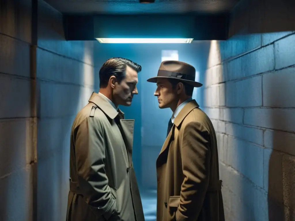 Detectives en la sombra: Intriga en el callejón Dos detectives en un callejón oscuro con sombreros y gabardinas bajo una farola titilante, evocando misterio y Mindhunter análisis detectives serie