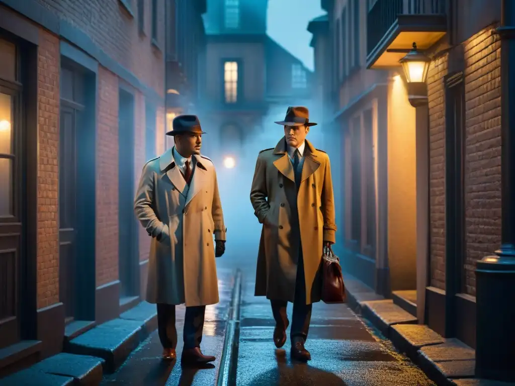 Encuentro de Detectives: Alianza Nocturna en la Sombra Dos detectives de cine y televisión se enfrentan en un callejón nocturno, en una escena llena de misterio y suspense