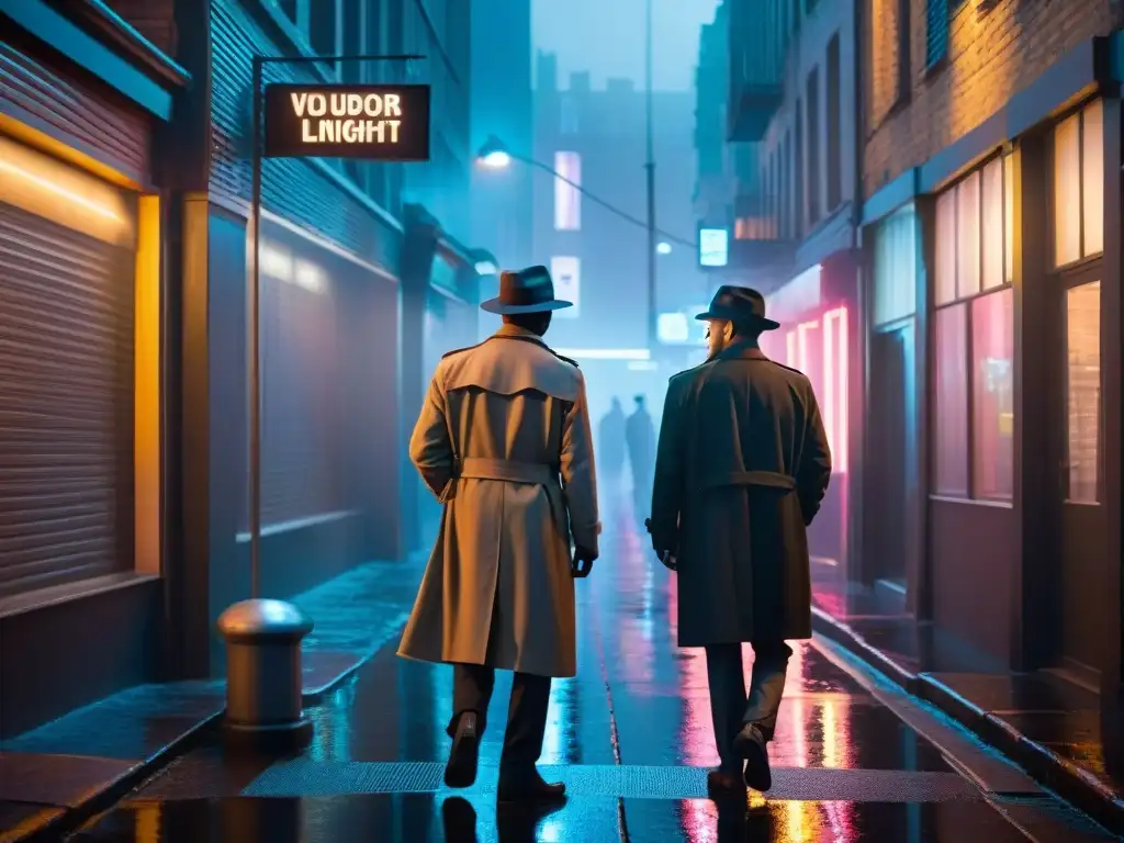 Encuentro detectivesco bajo la luz neón Dos detectives de cine y televisión enfrentados en un oscuro callejón urbano, bajo luces de neón