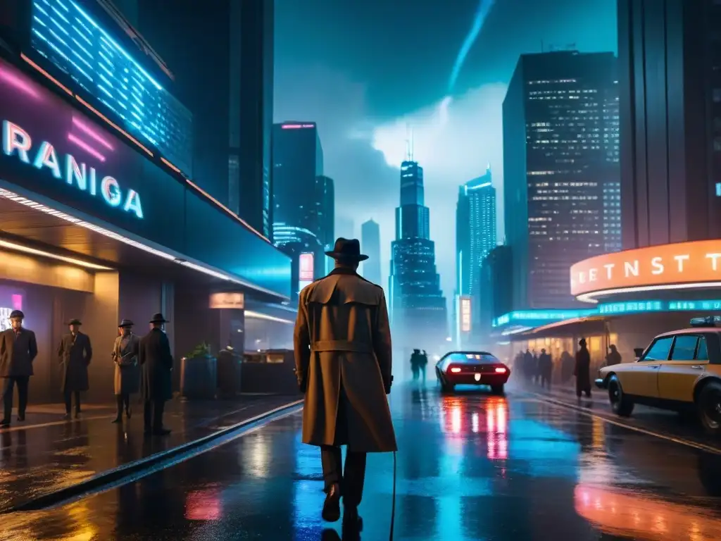 Detectives en cine y TV: Ciudad nocturna con neones futuristas, detectives en sombras y hovercars